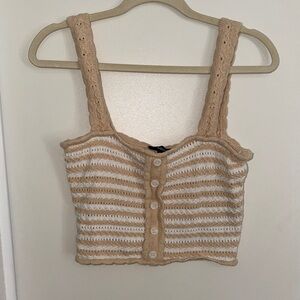 Aqua Beige & White Crochet Knit Stripe Crop Tank Top | M